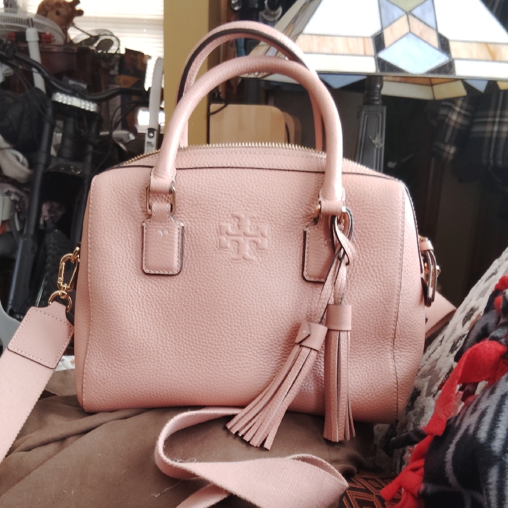 Tory Burch Thea Web Satchel in pebbled leather.